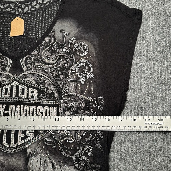 Harley Davidson Angle Wing Tee Medium‎ Black -Lace Back -Rhinestone Embellished - Picture 2 of 5